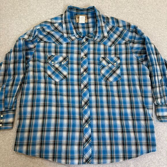 Wrangler Shirt Mens Blue Metallic Pearl Snap Tinsel Plaid Saw Tooth Western 3XL - Picture 3 of 9